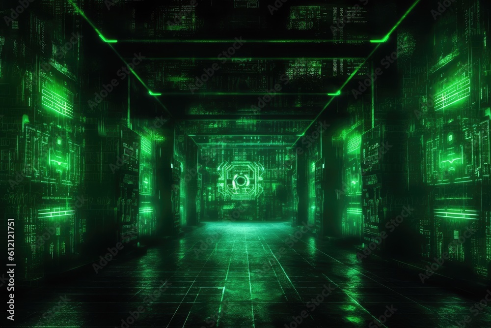 Aufkleber Digital binary code, glowing neon style, binary data background, Panoramic banner, out of focus, green color
