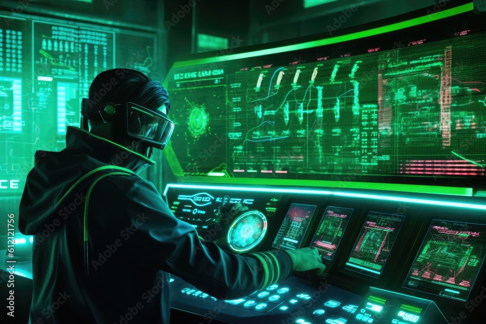 Poster Digital binary code, glowing neon style, binary data background, Panoramic banner, out of focus, green color