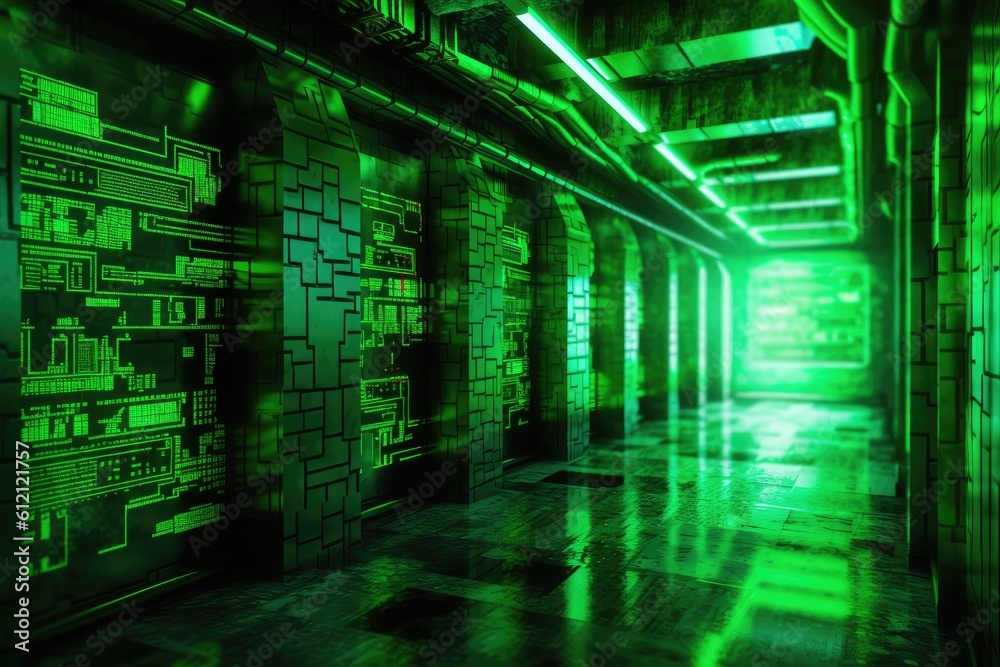 Poster Digital binary code, glowing neon style, binary data background, Panoramic banner, out of focus, green color