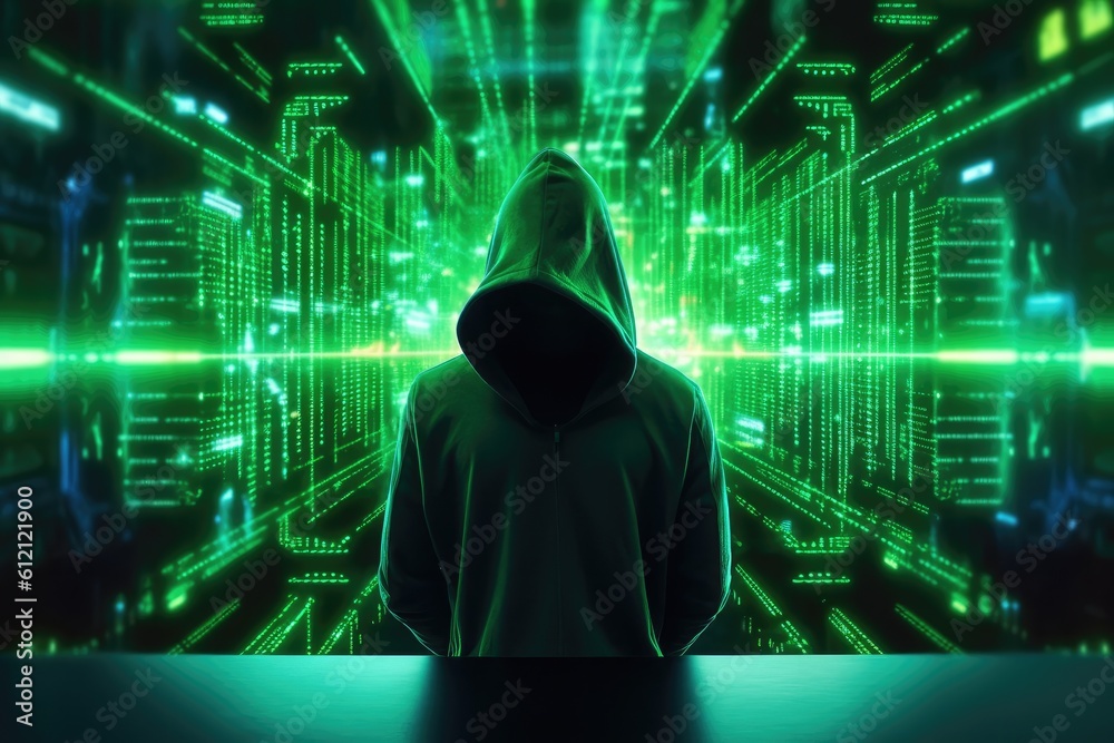 Poster Digital binary code, glowing neon style, binary data background, Panoramic banner, out of focus, green color