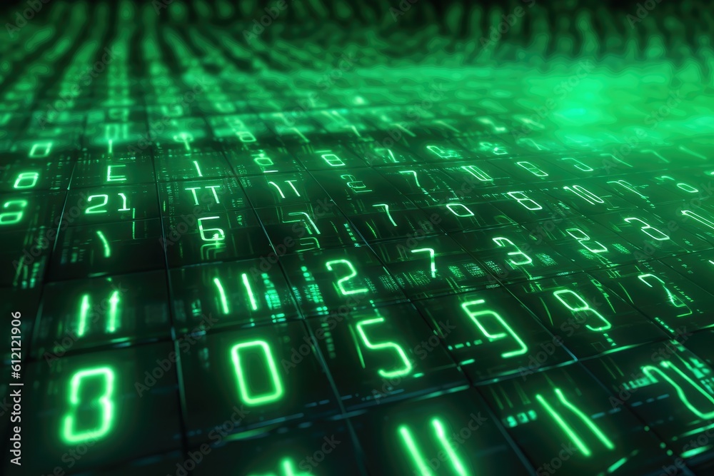 Poster Digital binary code, glowing neon style, binary data background, Panoramic banner, out of focus, green color