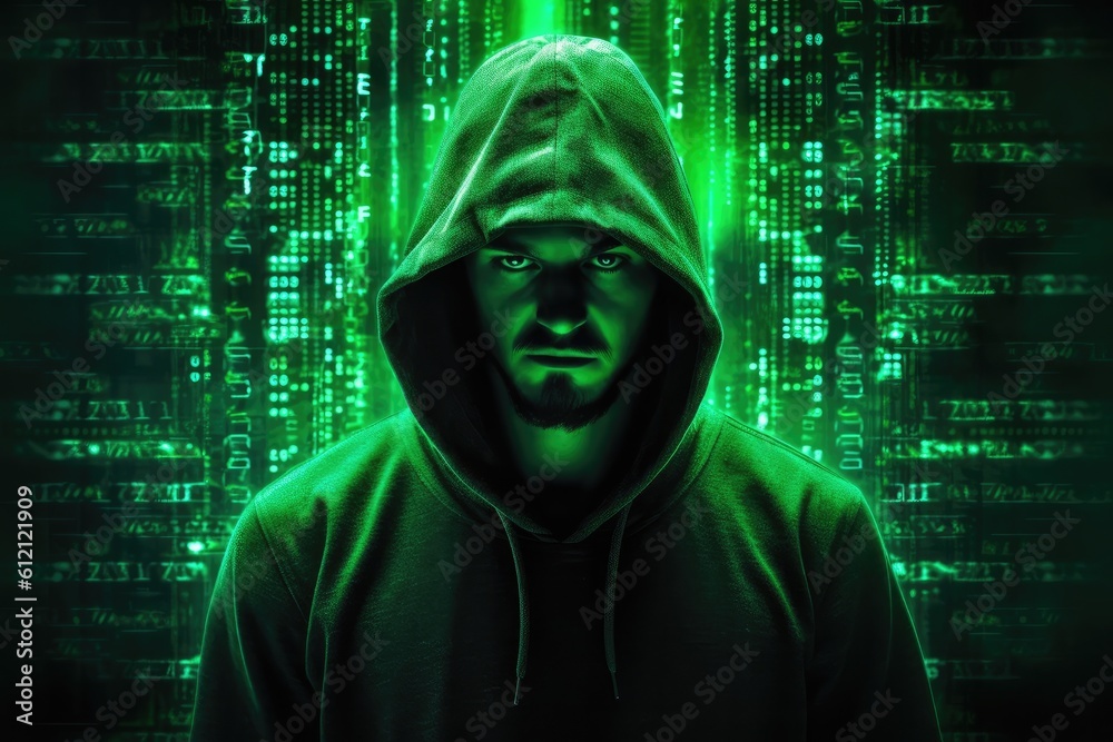 Poster Digital binary code, glowing neon style, binary data background, Panoramic banner, out of focus, green color