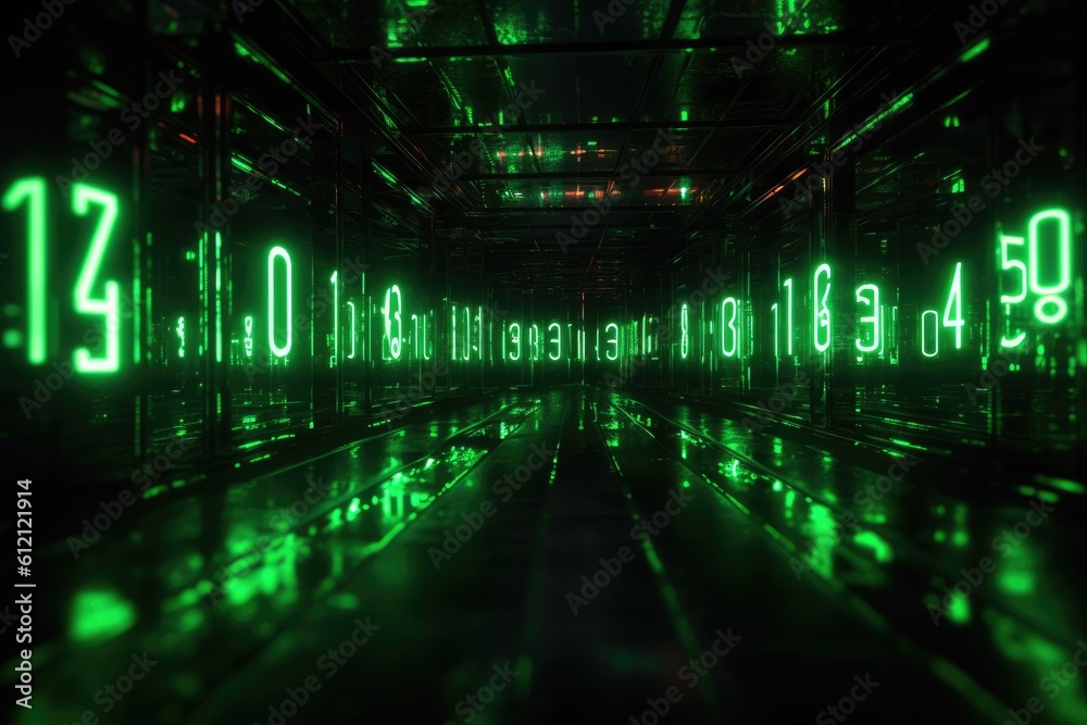 Poster Digital binary code, glowing neon style, binary data background, Panoramic banner, out of focus, green color
