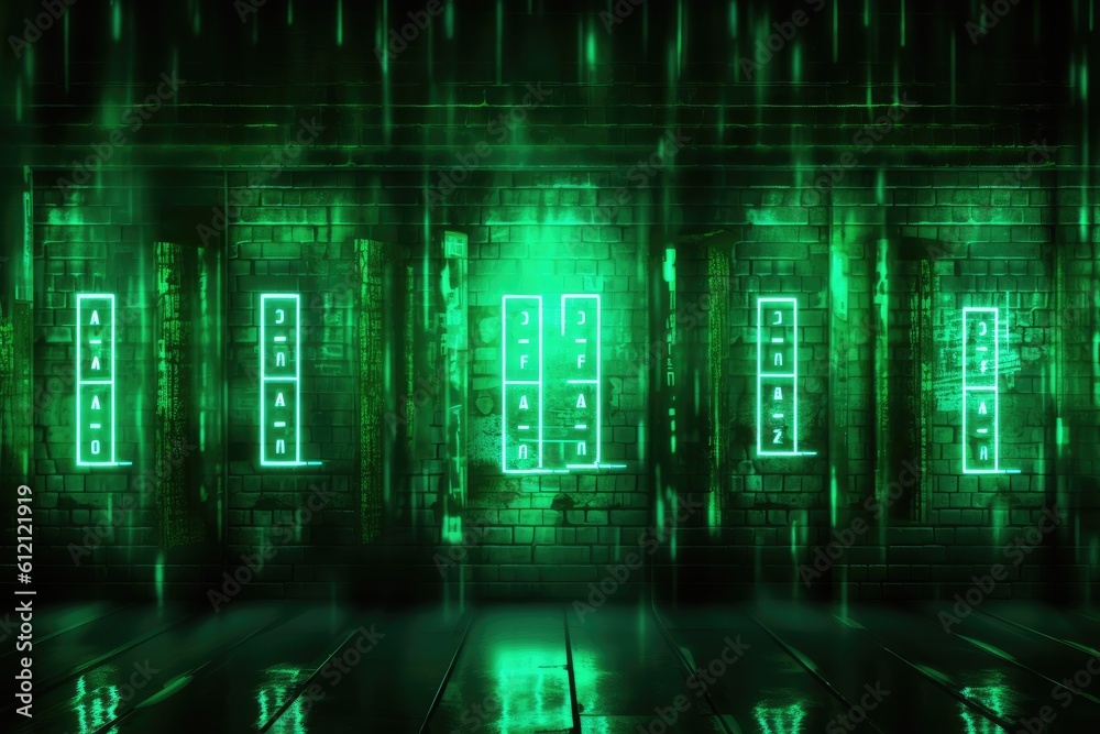 Poster Digital binary code, glowing neon style, binary data background, Panoramic banner, out of focus, green color