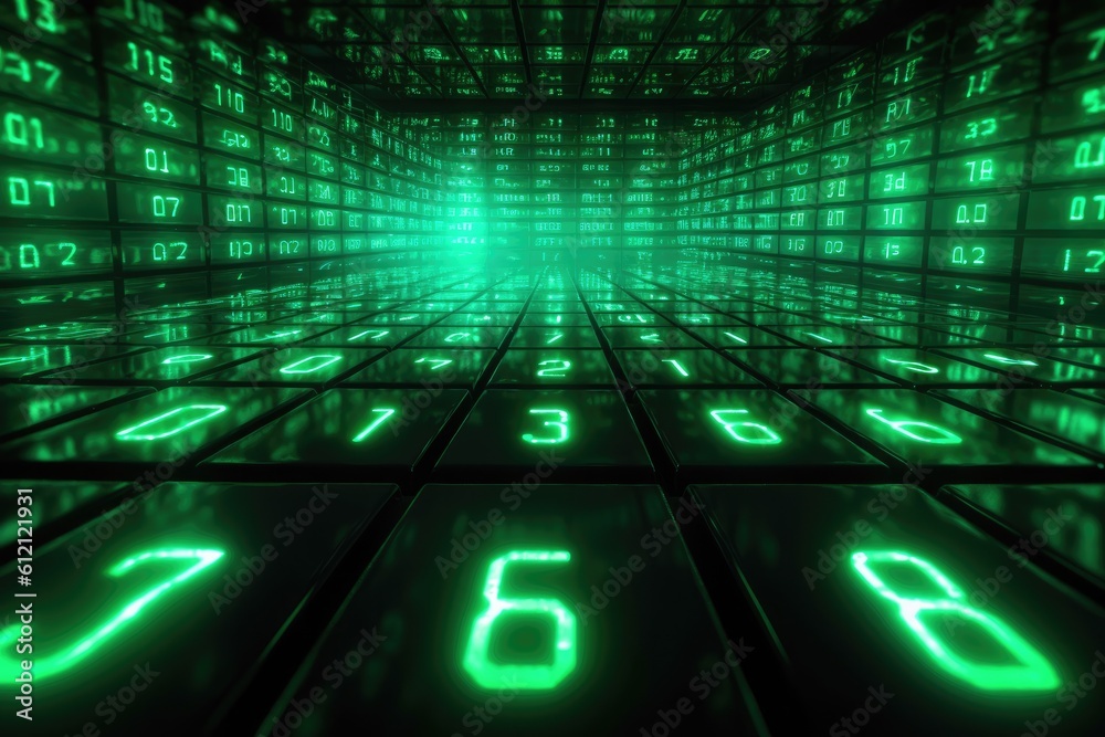 Aufkleber Digital binary code, glowing neon style, binary data background, Panoramic banner, out of focus, green color