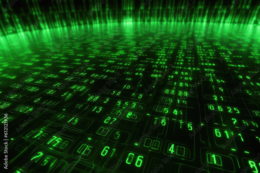 Poster Digital binary code, glowing neon style, binary data background, Panoramic banner, out of focus, green color