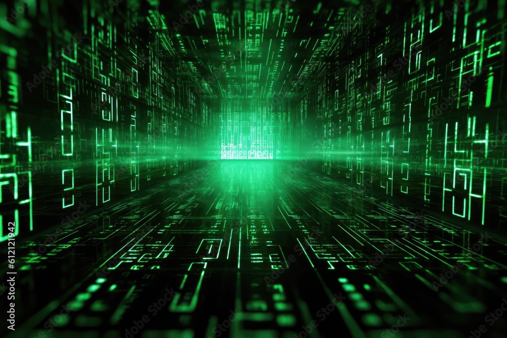 Poster Digital binary code, glowing neon style, binary data background, Panoramic banner, out of focus, green color