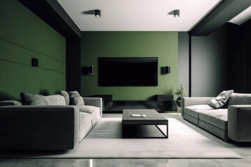 Contemporary living room design with TV cabinet against green

