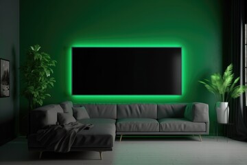 Contemporary living room design with TV cabinet against green

