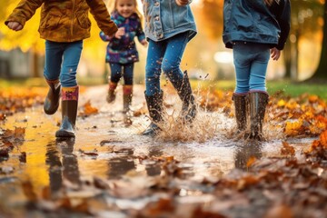 Image of a child's rubber boots splashing in a puddle - Powered by Adobe