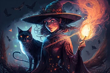 Mysterious Halloween witch with black cat, sparking magical sparks, illustration in style of realistic fantasy artwork Generative AI