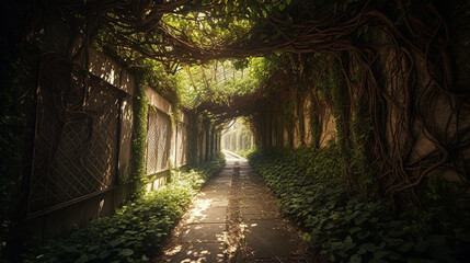 A tunnel with overgrown greenery made with Generative AI