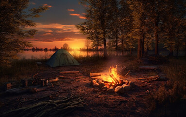 campfire, Enjoy the beauty of the outdoors by pitching a tent and gathering around a campfire as the sun sets.  Generative AI
