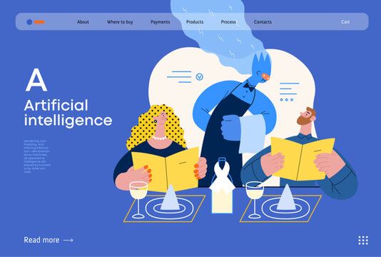 Artificial intelligence, Waiter -modern flat vector concept illustration of waiter AI taking order, giving advice on choosing in restaurant. Metaphor of AI advantage, superiority and dominance concept