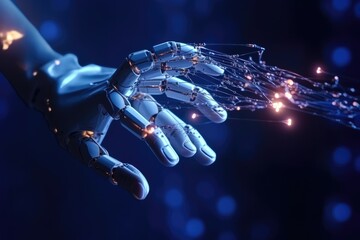 Obraz na płótnie Canvas Artificial Intelligence robotic hand touching futuristic big data. AI generative.