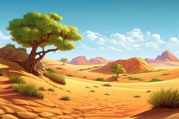 solitary tree in a vast desert landscape. Generative AI