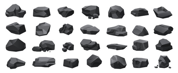 Black coal set vector illustration. Cartoon isolated lumps, basalt rocks and anthracite, charcoal pile and nugget pieces of iron ore from mine, gravel or graphite bunch and single stone collection - obrazy, fototapety, plakaty