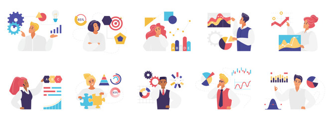Creative ideas and research of business people set vector illustration. Cartoon characters work with documents and think on chart reports, find analytics solution to develop company startup online