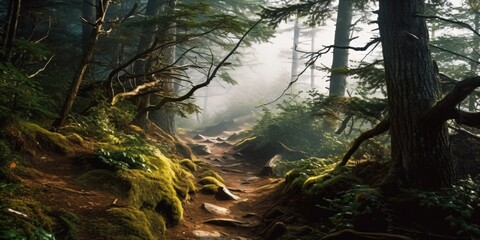 a foggy forest in the mountains with an narrow path in the morning light, fictional landscape created with generative ai