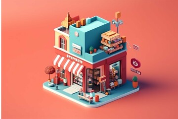 Isometric city building, shop and restaurant, urban scene, 3d illustration