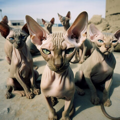 A flock of bald cats looking at the camera ai generation High quality photo