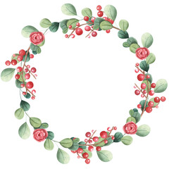 Wreath with red berries and green branches. Modern design for Holidays invitation card, poster, banner, greeting card, postcard, packaging, print. watercolro illustration isolated on white background.
