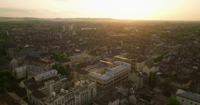 Aerial drone shot of the ancient and beautiful French medieval city of Troyes with beautiful architecture and history. Old traditional French houses in the center of Troyes. Establishing shot