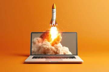 Little Rocket flies upwards out of the laptop screen on flat color background. Creative concept of innovation, computer technology development, programming and business startup. Generative AI.
