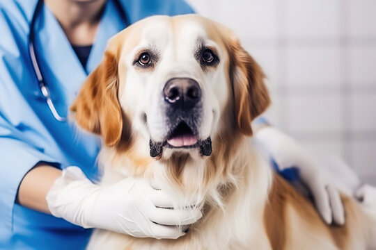 Cropped image of veterinarian doctor holding cute dog puppy in arms in veterinary clinic, generative ai.