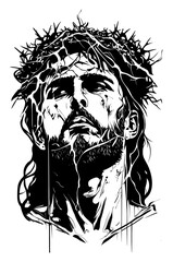 Jesus Christ in a crown of thorns on his head, religious t-shirts and print design, vector illustration