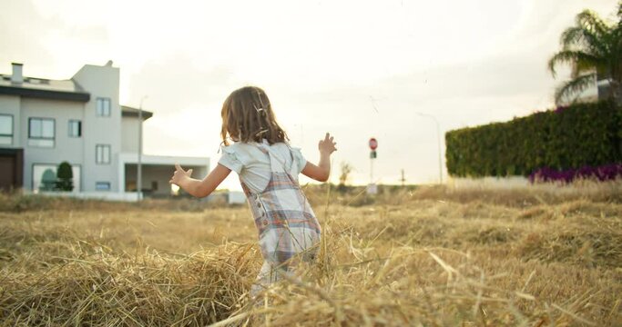 Fields of Joy: A Child's Delight in the Farm Life, Tossing Hay and Embracing the Farm Lifestyle for Happiness. High quality 4k footage