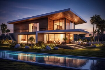 Fototapeta premium Modern house real estate exterior architecture of luxury home in beautiful villa Generative AI