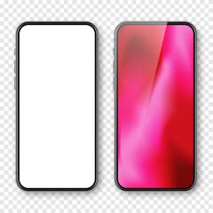 Smartphone with blank touch screen and abstract colorful background, wallpaper. Frameless mobile phone in front view. High quality detailed device mockup. Vector illustration