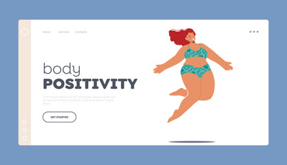Body Positivity Landing Page Template. Energetic, And Carefree, Plump Woman Joyfully Jumps In Her Swimsuit
