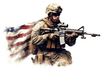 USA military force soldier in camouflage uniform and helmet with a weapon with the national flag behind. Generative AI