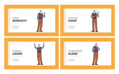 Senior Man Emotions Landing Page Template Set. Elderly Male Character Express Wisdom, Joy, Resilience, Contemplation
