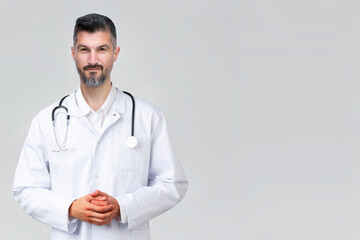 Horizontal banner of smiling handsome doctor ready to help patients with health problems, isolated on white background with copy space on left