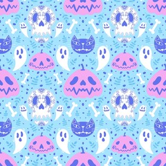 Halloween pumpkins seamless ghost and bones and cat pattern for wrapping paper and linens and fabrics