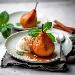 Baked pear with vanilla ice cream and mint leaves for a delicious healthy dessert