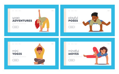 Children Engaging In Yoga Landing Page Template Set. Kids Exploring Mindfulness And Movement., Promoting Flexibility