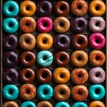 View from the top of rows of different donuts