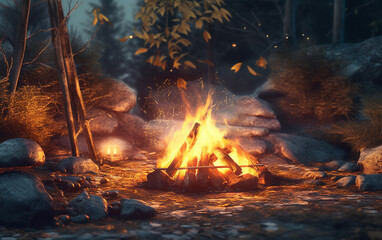 campfire, Gather around a bonfire in the great outdoors, surrounded by nature's forest.   Generative AI