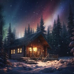 Cabin under northern lights