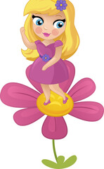 Cartoon colorful happy fairy princess flying near the flower isolated illustration for children