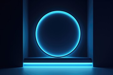 Blue neon light podium, stand, platform for product presentation. Mockup for branding and packaging presentation. AI generative
