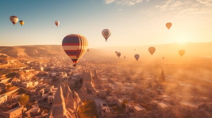 Obraz premium Hot air balloon tour over mountain landscape. Spring dawn. Generative AI