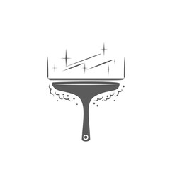 Squeegee for window cleaning glyph icon vector illustration. Stamp of cleaners tool with rubber scraper and plastic handle for hand, squeegee to clean and wash dirty glass from dust and dirt - obrazy, fototapety, plakaty