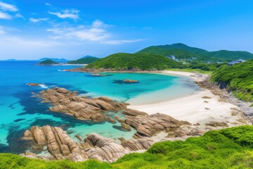 Fototapeta premium stunning aerial view of a tropical beach with crystal-clear blue water. Generative AI