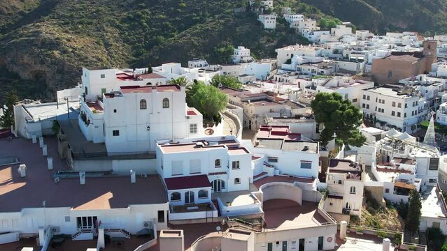 Aerial view above the beautiful Spanish village of Moj&aacute;car in Andalusia in southern Spain	