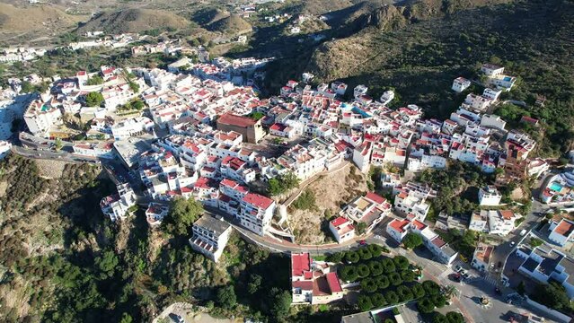 Aerial view above the beautiful Spanish village of Moj&aacute;car in Andalusia in southern Spain	